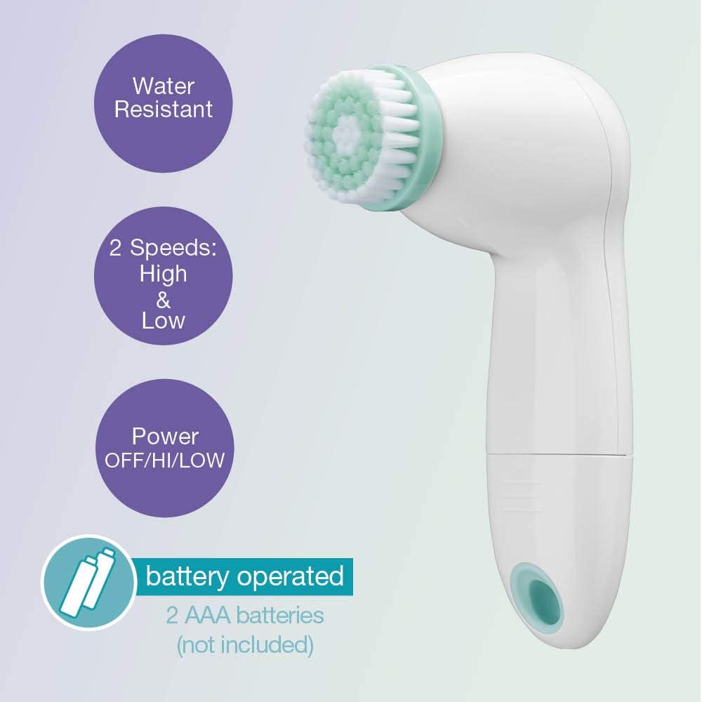 True Glow by Conair Battery Operated Facial Cleansing Brush, Water Resistant with 3 Brushes for cleansing + gentle exfoliating for all skin types, White
