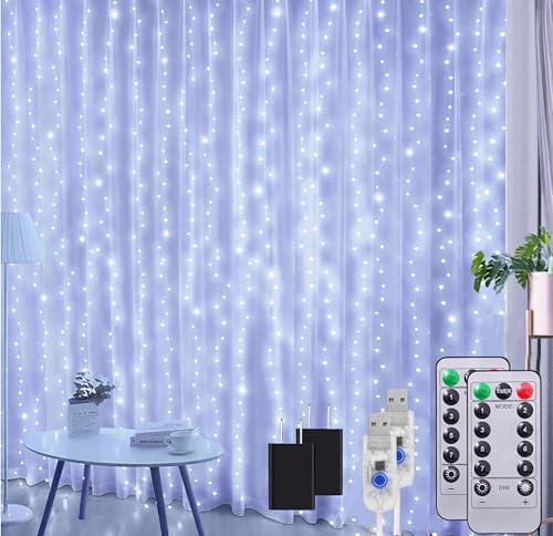 2 Pack Fairy Curtain Lights, Total 600 LED USB Plug in 8 Modes 9.8x9.8Ft Christmas String Hanging Lights with Remote for Bedroom, Indoor, Outdoor, Weddings, Party, Wall, Decorations, Warm White