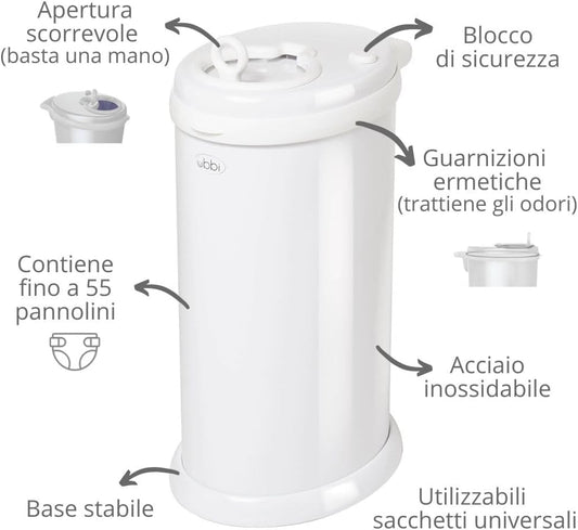 Ubbi Steel Diaper Pail, White - PuriLite
