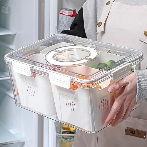 Taiuloo Divided Serving Tray with Lid & Handle, Airtight 6 Compartment Snackle Box Charcuterie Container, Fridge Organizer Bins, Food Storage Container Veggie Tray for Snack, Fruit, Salad, Nut