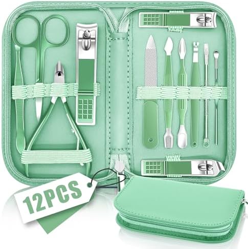 Manicure Pedicure Set, Nail Clipper Set for Men Women, Professional Manicure Kit Pedicure Kit, Nail Care Kit with Green Travel Leather Bag, Set 12 in 1