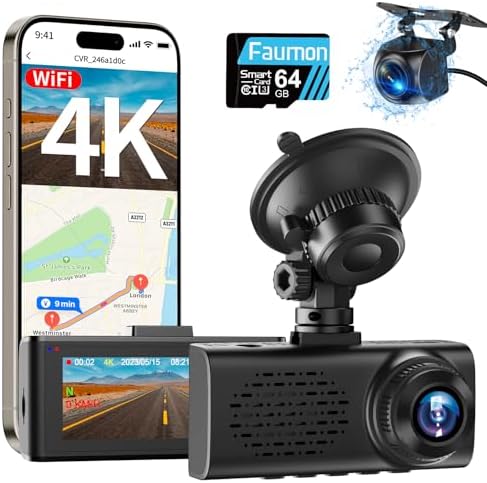 4K Dash Cam Front and Rear, 4k+1080p Dashcam for Car Built in GPS,5GHz WiFi, 64GB Card, Loop Recording Dash Cam w/Parking Monitor, Car Dash Cam Built-in Night Vision, App Control, WDR, G-Sensor