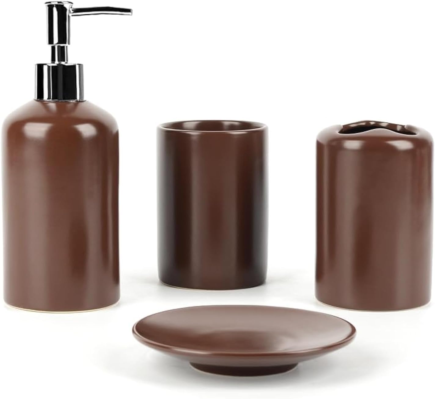 WPM 4 Piece Ceramic Bath Accessory Set | Includes Bathroom Designer Soap or Lotion Dispenser w/Toothbrush Holder, Tumbler, Soap Dish Choose from Purple, Black, Brown, Navy or Burgundy (Brown)