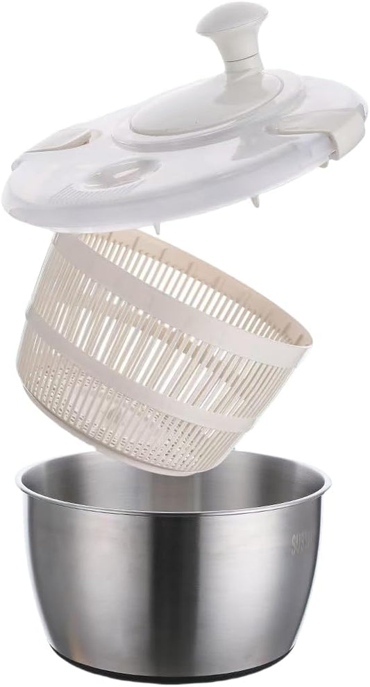 Salad Spinner, Large Stainless Steel Vegetable Washer, 5.3 Qt Plastic Lid for Washing Pasta and Fries, Durable Kitchen Tool