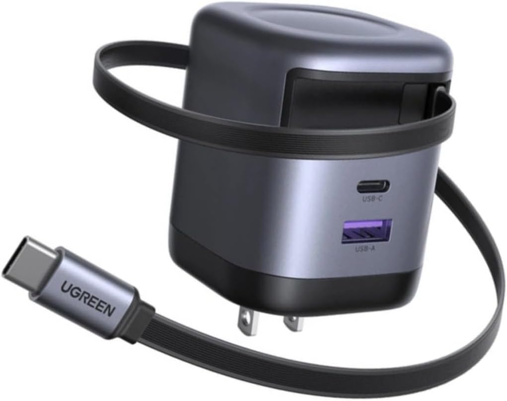 UGREEN 65W Retractable USB C Charger Block with Built-in Cable, GaN Fast Charging Wall Charger 2 Ports Compatible for iPhone 16 15 14, Galaxy S25 S24, Pixel 9 Pro 8 7, MacBook Pro/Air, iPad,Airpods