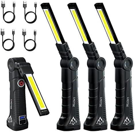 Rechargeable Work Lights, LED Work Light with Magnetic Base and Hanging Hook,360°Rotate 5 Modes Magnetic Rechargeable Flashlights for Mechanics Car Repair, Home, Garage, Emergency,BBQ,Camping(4 Pack)