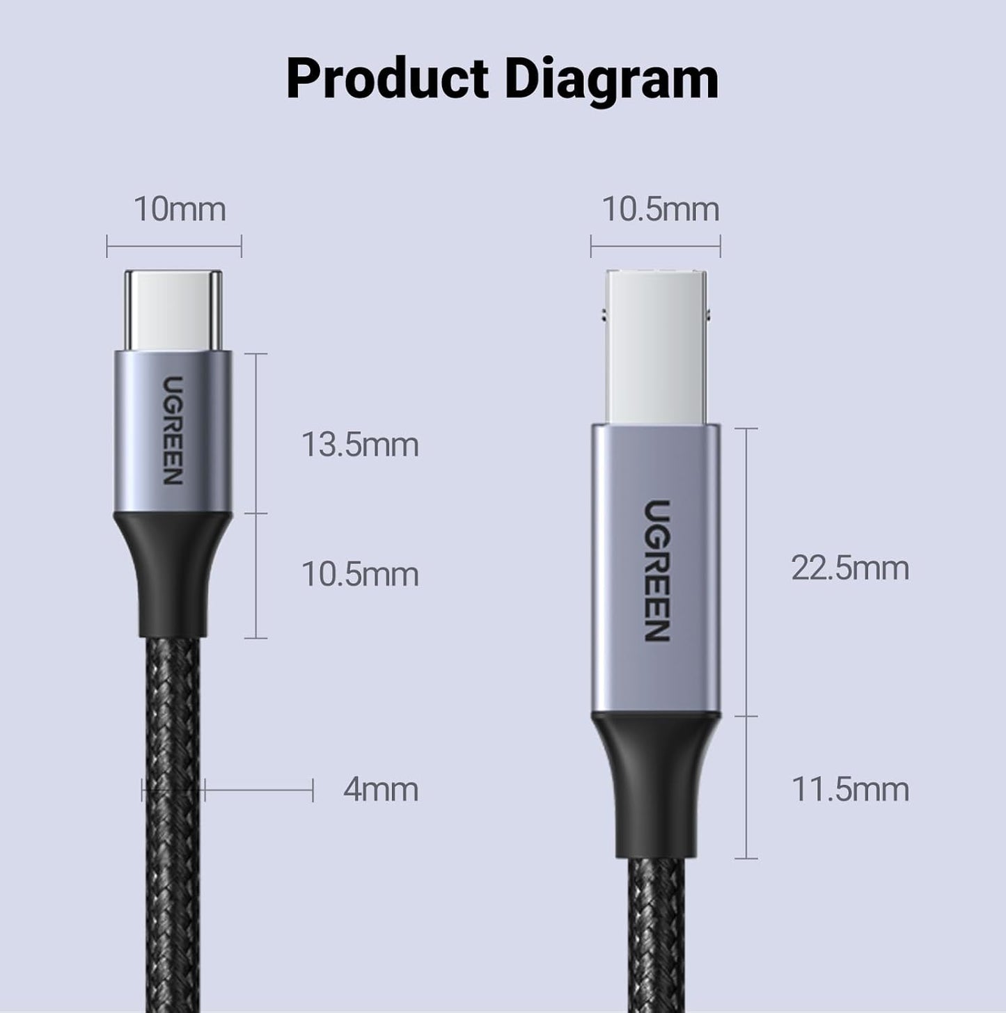 UGREEN USB C Printer Cable C to A Printer Scanner Braided MIDI Cable Compatible with DJ Controller, MIDI Keyboard, Digital Mixing Console, Piano Keyboard for MacBook Pro, iPad, 6ft