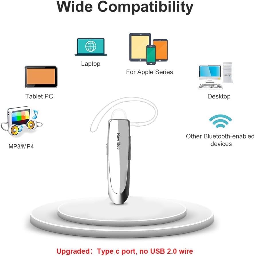 Bluetooth Headset New Bee 24Hrs V5.0 Bluetooth Earpiece Wireless Handsfree Driving Headset with Noise Canceling Mic Headset Case for iPhone Samsung Android Mobile Cell Phone Tablets Office