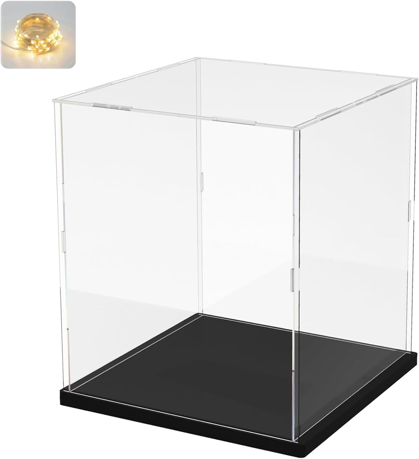 Thickened Clear Acrylic Display Case for Lego 10330 43268 76450 42170 10295 10353 Collectibles, Transparent Box Dustproof Protection with Wood-Plastic Base & String Light, Black Inside 40x20x20cm