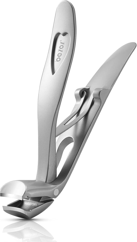 BEZOX Angled Head Nail Clippers for Seniors - Ergonomic Toenail Clipper for Thick Nails, Premium Steel Nail Cutter Trimmer with Catcher for Men and Women - Silver - PuriLite