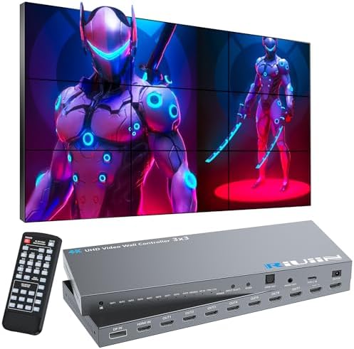 HDMI Video Wall Controller, RIUIIN TV Wall Controller, 4K TV Wall Processor, 180° Rotation, Audio, IR Remote, 2x2,1x2,1x3,1x4,2x1,3x1,4x1, Make 4 tv Screens into Wall Display