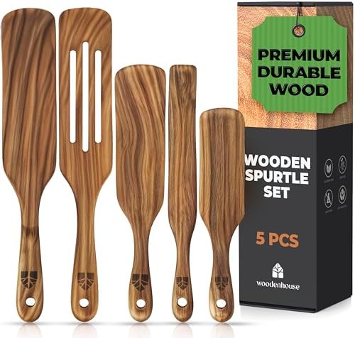 Wooden Spurtle Set, Teak Spurtles Kitchen Tools, Wooden Spatula for Cooking, Wood Utensils Set of 5, Non Stick Cookware for Serving, Stirring, Mixing, Scraping, Scooping, Healthy and Heat Resistant