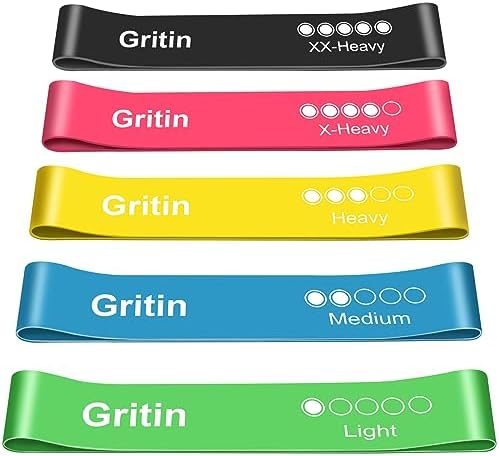 Gritin Resistance Bands, Set of 5 Skin-Friendly Resistance Fitness Exercise Loop Bands with 5 Different Strength Levels - Travel Carrying Case Included - Ideal for Home, Gym, Yoga, Training
