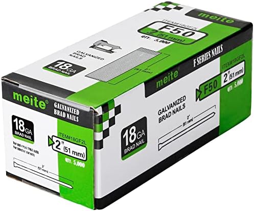 meite F50 18 Gauge 2-Inch Leg Length Galvanized Brad Nail Ideal for Upholstery, Trims, Molding, Woodworking 5000pcs/Box (1 Box)