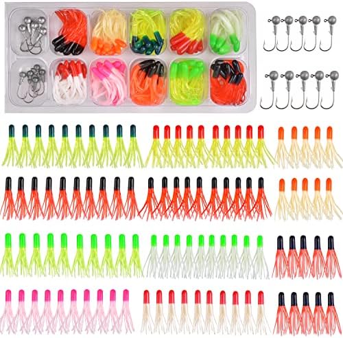 Soft Lures Fishing Jigs Kit, Worm Grub Fishing Lures Jig Head Hooks Kit Grubs Bait Jig Heads Soft Plastic Bait Crappie Jigs Tubes Baits Curved Tail Lure Fishing Lures Kit for Walleye Bass Trout