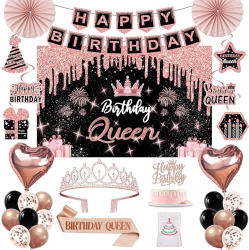 40th Birthday Decorations for Women,32pcs 40th Birthday Party Decorations,Including Backdrop, Crown,Sash,banner, Hanging Swirl,Cake Topper,balloons,Paper Fans,Anniversary Card and paper fans