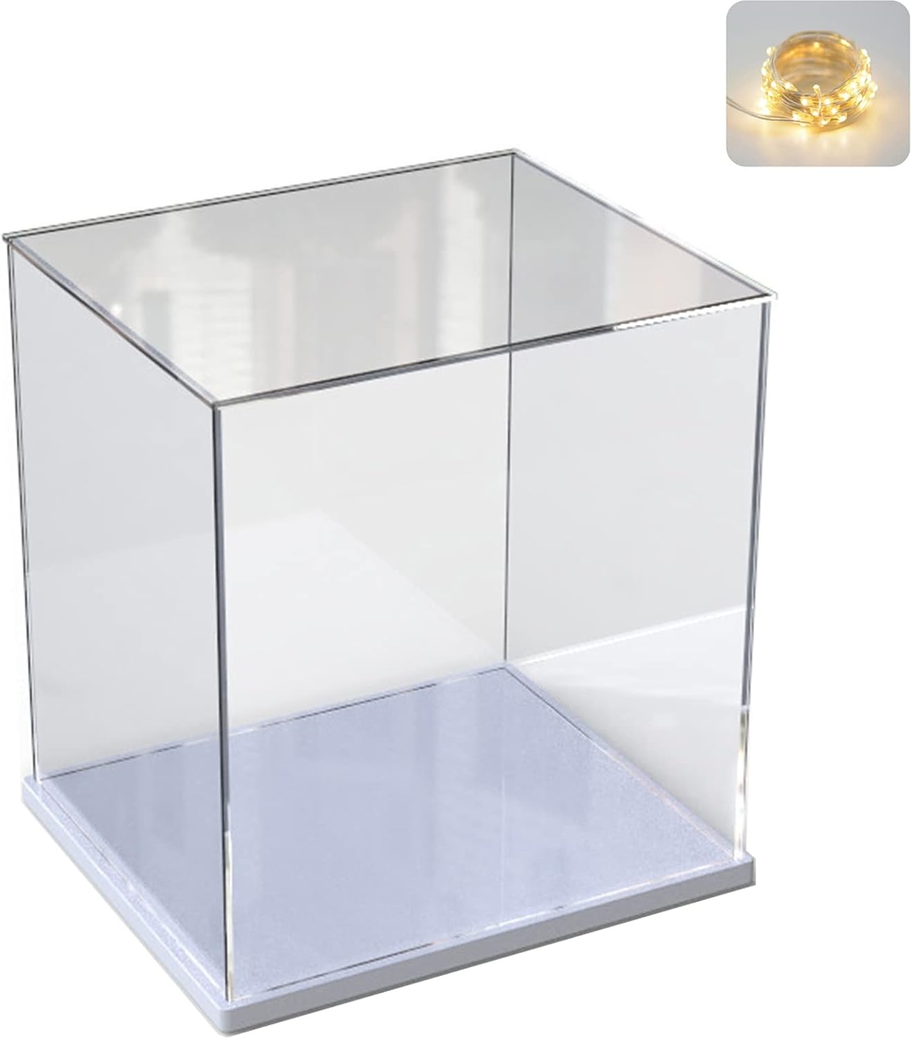 Thickened Clear Acrylic Display Case for Lego 10330 43268 76450 42170 10295 10353 Collectibles, Transparent Box Dustproof Protection with Wood-Plastic Base & String Light, Black Inside 40x20x20cm