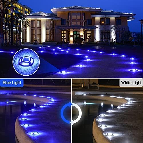 Quntis 12Pcs Solar Deck Lights, 2 Color Modes Blue+White Solar Driveway Lights, IP68 Waterproof Dock Lights Warning Step Lights, Aluminum Solar Lights Outdoor for Garden Stair Path Walkway