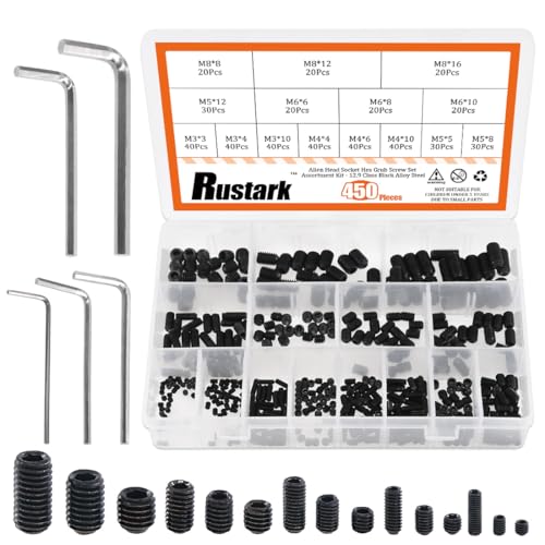 Rustark 450Pcs M3/M4/M5/M6/M8 Allen Head Socket Hex Grub Screw Set Assortment Kit with Internal Hex Drive - 12.9 Class Black Alloy Steel