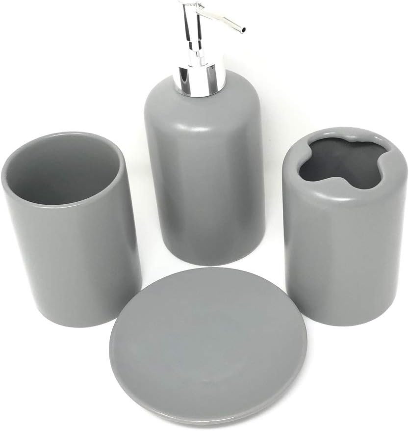 WPM 4 Piece Ceramic Bath Accessory Set | Includes Bathroom Designer Soap or Lotion Dispenser w/Toothbrush Holder, Tumbler, Soap Dish Choose from Purple, Black, Brown, Navy or Burgundy (Brown)