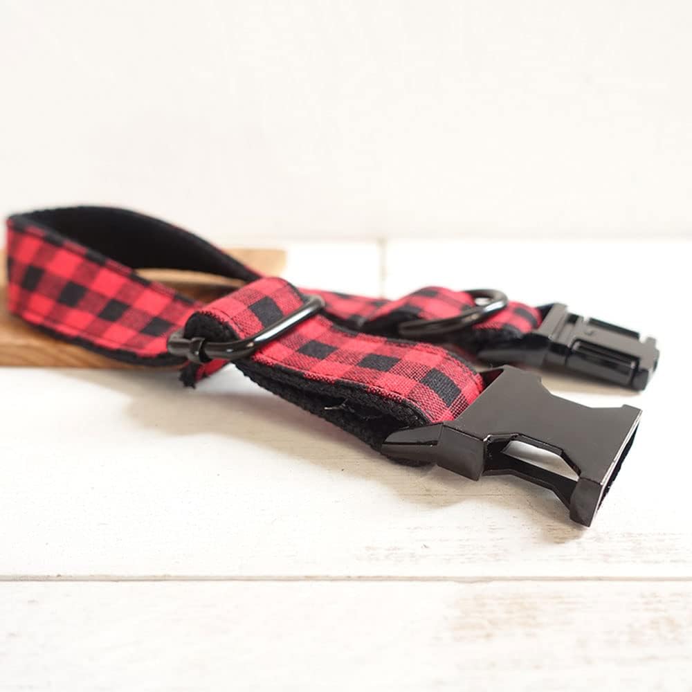 PETDURO Personalized Buffalo Plaid Dog Collar Red Black - Engraved Name and Phone Number on Black Metal Buckle - Custom for Small Medium Large Boy Girl Dogs - Add Leash Bow Tie via Customize Now