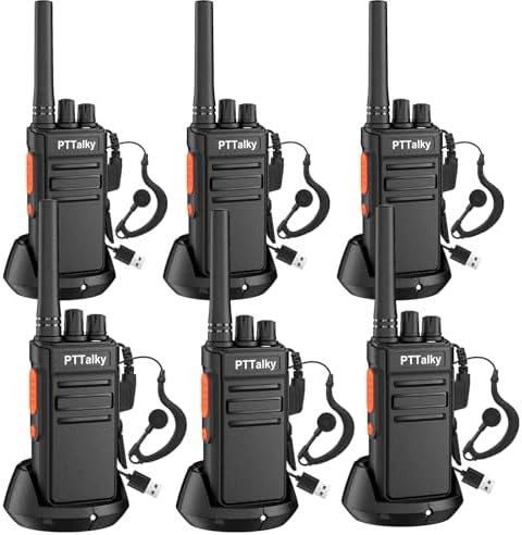 PTTalky FR1 Walkie Talkies with 6-Way Charger, Long Range Walkie Talkies, USB-C Charging, VOX, with Earpieces, 2 Way Radios for Business School Warehouse