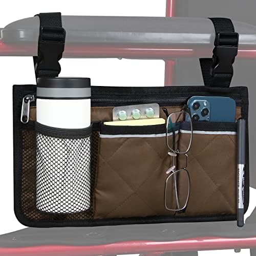Wheelchair Side Bag, Wheelchair Armrest Storage Pouch with Cup Holder and Reflective Strip for Wheelchairs, Walkers or Rollators (Black)