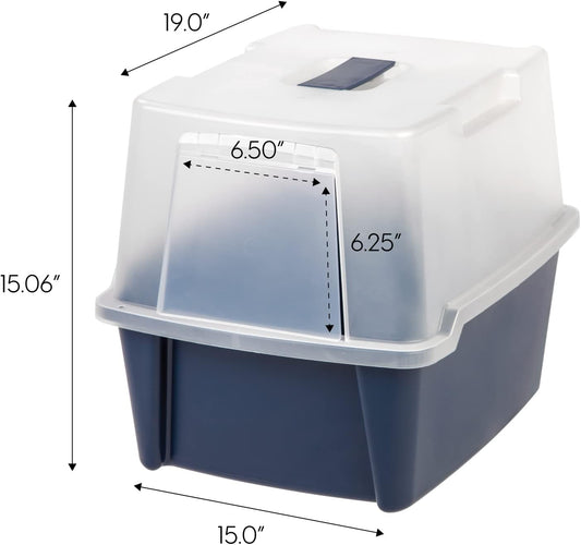 IRIS USA Cat Litter Box, Litter Box Enclosure with Scoop and Front Door Flap, Covered Kitty Litter Box for Privacy, Portable, Easy to Clean, Navy - PuriLite