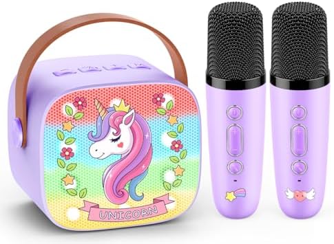 Mini Karaoke Machine for Kids, Exssary 3 4 5 6 7 8-12 Year Old Girl Gifts Portable Bluetooth Speaker with 2 Wireless Microphone Unicorn Toys Birthday Gifts for Girls Kids Teens (Pink)