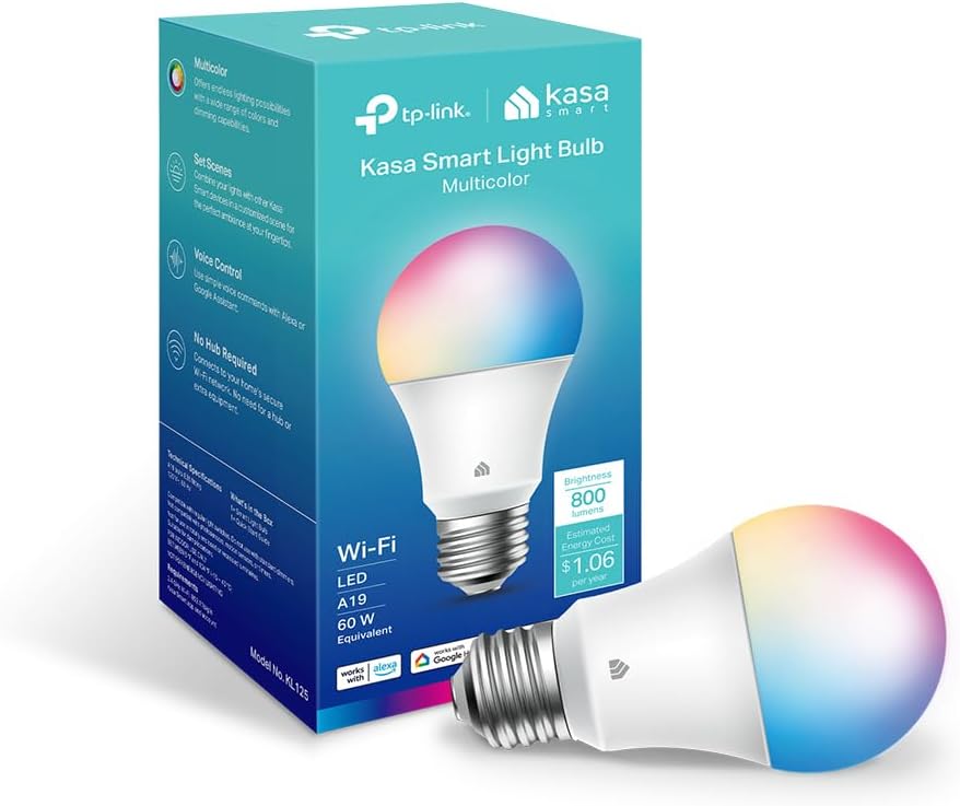 Kasa Smart Light Bulbs, Full Colour Changing Dimmable Smart WiFi Bulbs Compatible with Alexa and Google Home, A19, 9W 800 Lumens,2.4Ghz only, No Hub Required, 2-Pack (KL125P2), Multicolour