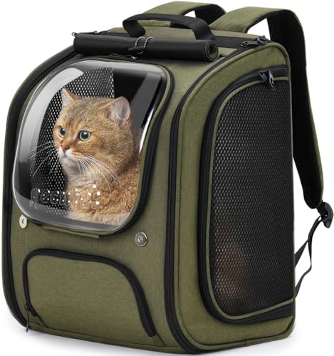 Pecute Bubble Cat Backpack, Large Space Cat Backpack Carrier with Breathable Mesh, Cat Carrier with Space Capsule Clear Bubble Window for Kitten and Puppy, Used in Travel Hiking Walking Outdoor,Green