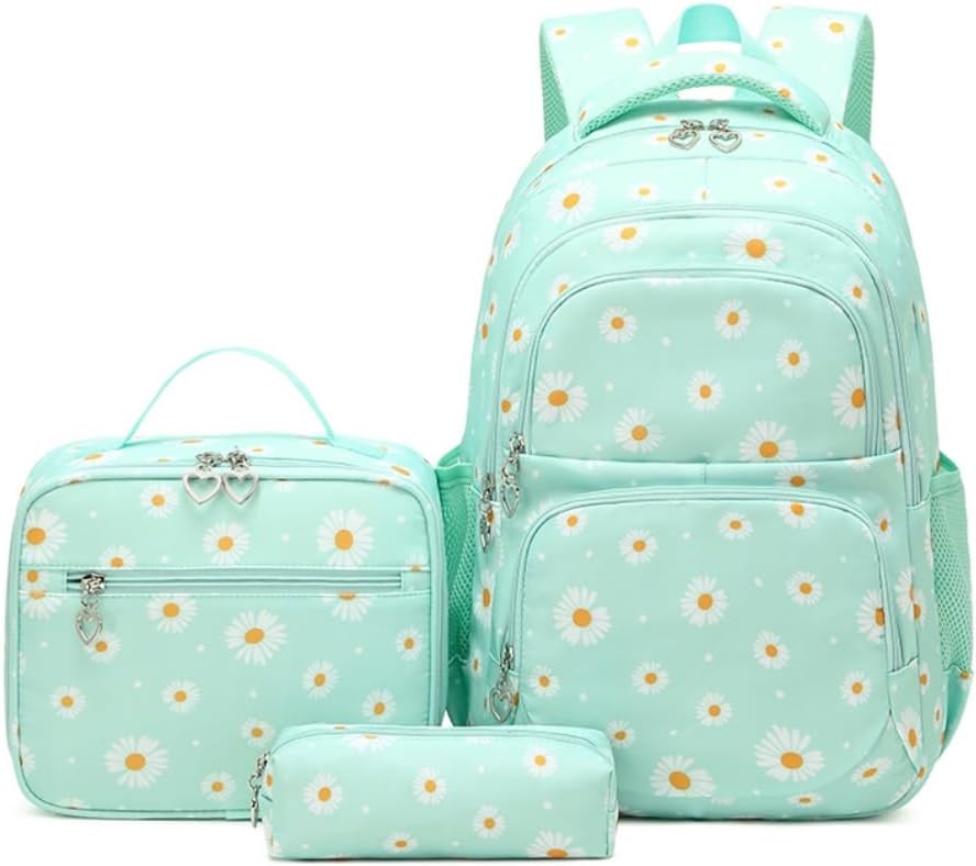 3Pcs Daisy Prints Backpack for Girls Bookbag set Primary School Daypack Elementary Students Knapsack with Lunch Box