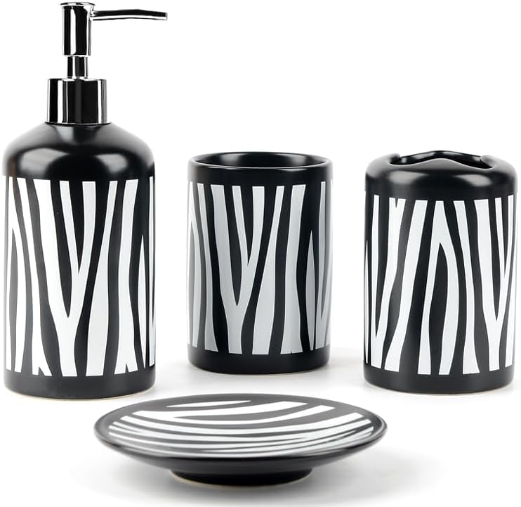 WPM 4 Piece Ceramic Bath Accessory Set | Includes Bathroom Designer Soap or Lotion Dispenser w/Toothbrush Holder, Tumbler, Soap Dish Choose from Purple, Black, Brown, Navy or Burgundy (Brown)