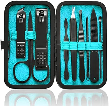 Manicure Set 9 in 1 Stainless Steel, Nail Clippers Scissors Pedicure Tools Kit - Portable Travel Grooming Kit for Men and Women with Black/Red Leather Case (Blue)