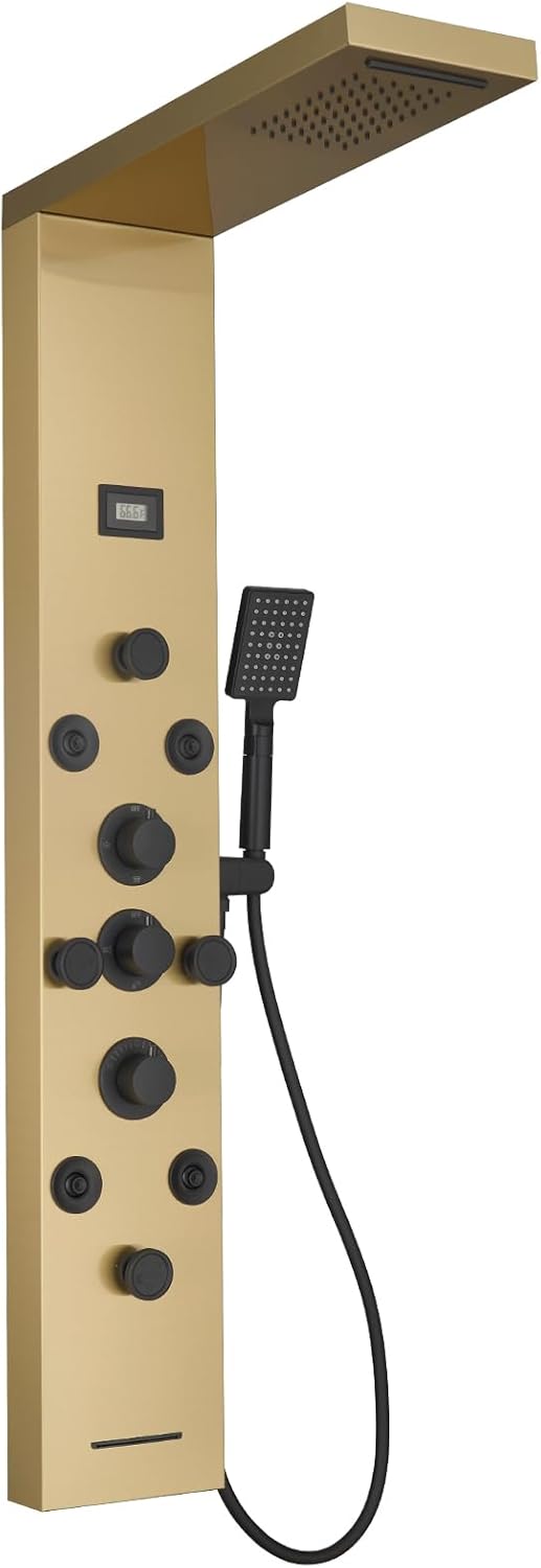 Bathfinesse Shower Tower Bathroom Shower Panel System Rain Massage System 6 in 1 Body Spray Jets Shower Wall Panels Rainfall Waterfall Shower Head Tub Spout with Temperature Display,Matte Black