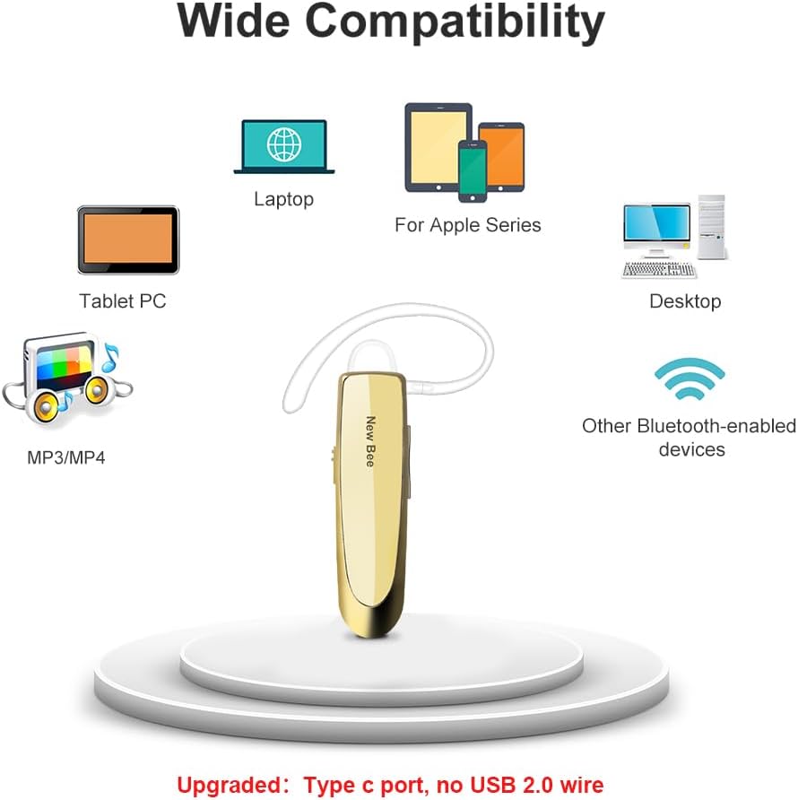 Bluetooth Headset New Bee 24Hrs V5.0 Bluetooth Earpiece Wireless Handsfree Driving Headset with Noise Canceling Mic Headset Case for iPhone Samsung Android Mobile Cell Phone Tablets Office