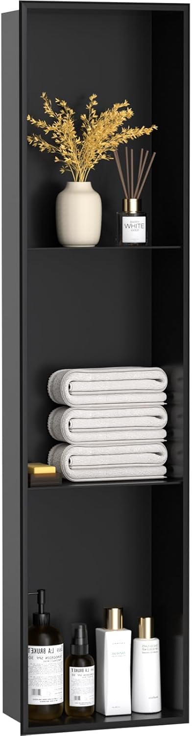 BLYLUND Shower Niche 12" x 24" NO Tile Needed,Matte Black Double Shelf Organizer, Square Corners Wall-Inserted Niche Recessed Shower Shelf Modern Soap Niche for Bathroom