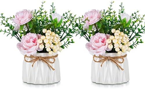 BLOSMON White Fake Flowers with Vase: Small Coffee Table Decor Bathroom Hydrangea Faux Flowers in Vase Office Desk Shelf Home Living Room Bedroom Vanity nightstand Decorations Floral Arrangement