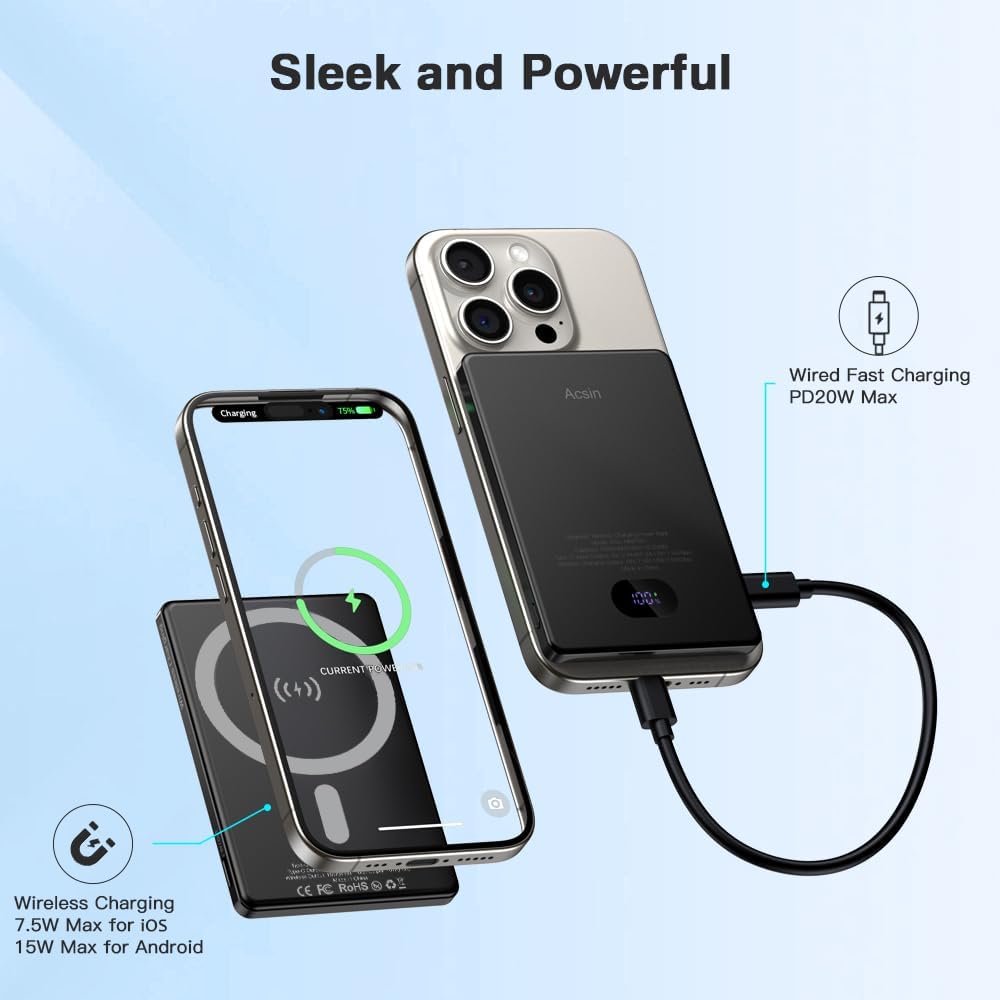 Acsin Magnetic Portable Charger Ultra Slim 5000mAh Battery Pack,Wireless Power Bank with LED Display 20W Two Way USB-C Charging for iPhone 16/16 Pro/16 Pro Max/15/14/13/12 Series (Black)