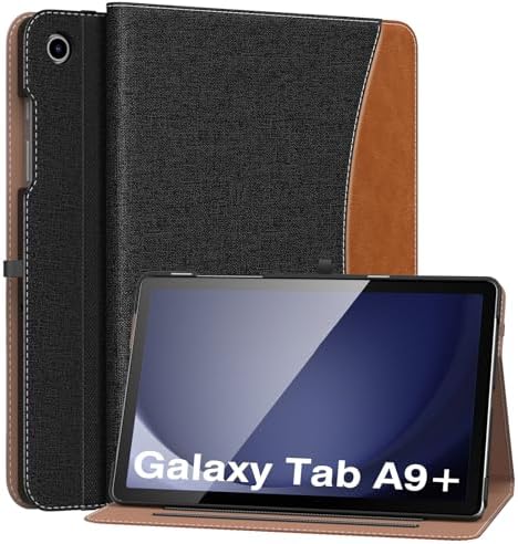 MoKo Case for Samsung Galaxy Tab A9 Plus 11" 2023 (SM-X210/SM-X216/SM-X218), PU Leather Multi-Angle Viewing Folding Stand Cover Case with Hand Strap, Front Pocket, Auto Wake/Sleep, Denim Blue & Brown