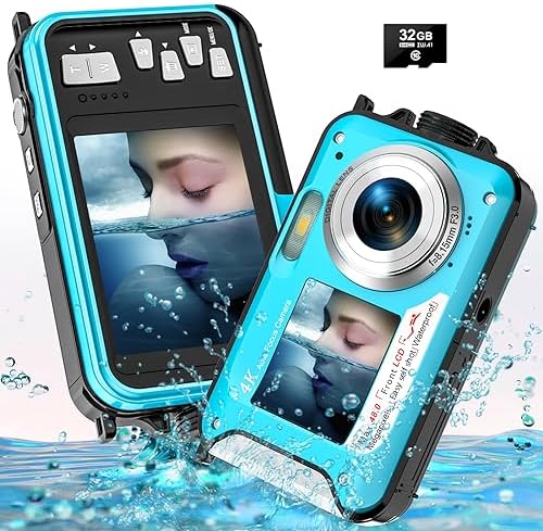 4K Underwater Camera 11FT Waterproof with 32GB Card 56MP Autofocus Selfie Dual-Screen for Snorkeling, Compact Digital Camera 1250mAh Battery (Blue)