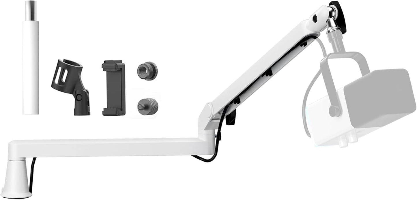 Microphone Boom Arm, Low Profile Mic Arm Professional Adjustable Solid Desk Mount Clamp,Cable Management Microphone Arm Stand for Podcast Streaming Gaming Studio Mic Stand White