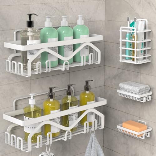 Coraje Adhesive Shower Caddy, 5-Pack Shower Shelves, Large Capacity Load Bearing 40 LBS Shower Organizer, No Drilling Shower Shelf, Rustproof Stainless Steel Bathroom Shower Storage, Black