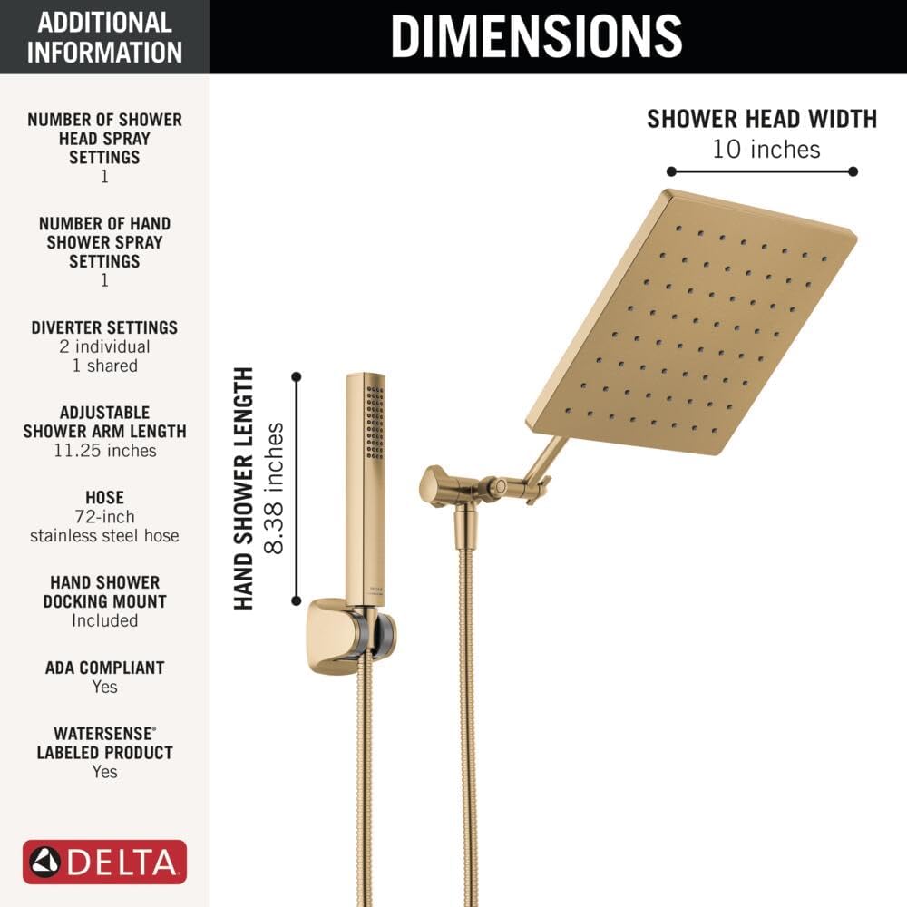 Delta Faucet 10-inch Raincan Shower Head and Hand Held Shower Combo, Black Square Shower Head, Rainfall Shower Head, Hand Shower, High Pressure Shower Head, 1.75 GPM Flow Rate, Matte Black 75527-BL