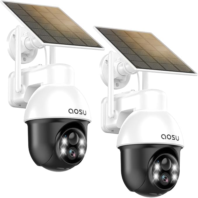 AOSU Solar Security Camera Wireless Outdoor with Panoramic PTZ, Human Auto Tracking, 2K Night Vision, Light and Sound Alarm, 2-Way Talk, Compatible with Alexa/Google Assistant for Home Surveillance