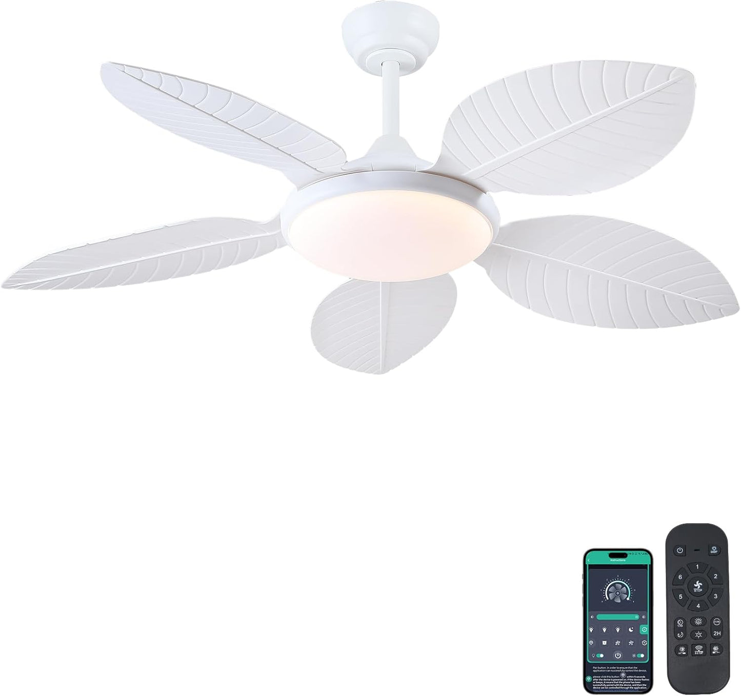 Wiviniya Ceiling Fans with Lights and Remote/APP Control, 44 Inch Tropical Palm Leaf Ceiling Fan with LED Lights, Outdoor Ceiling Fans for Patios Porch, Reversible Quiet Motor, Dimmable, Light Brown