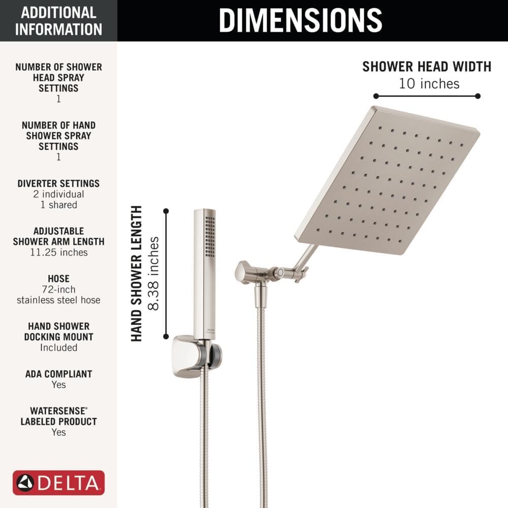 Delta Faucet 10-inch Raincan Shower Head and Hand Held Shower Combo, Black Square Shower Head, Rainfall Shower Head, Hand Shower, High Pressure Shower Head, 1.75 GPM Flow Rate, Matte Black 75527-BL