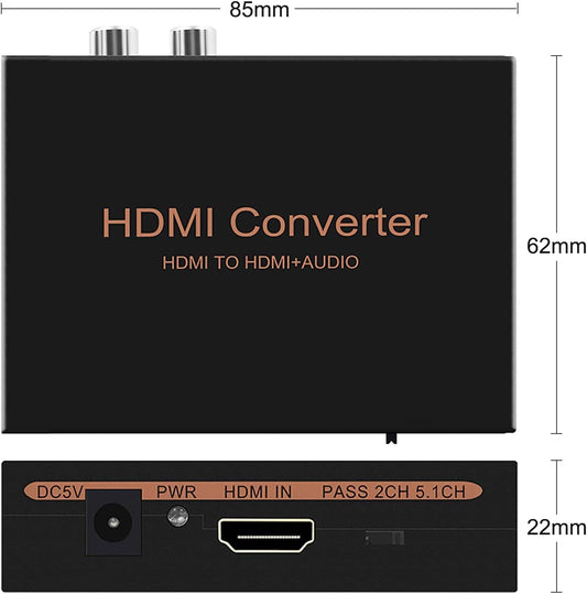 1080P HDMI Audio Extractor, HDMI to HDMI Audio (L/R RCA + Toslink Optical SPDIF) Video Converter Adapter Splitter with Optical Fiber Cable for PS3 PS4 Blu-ray DVD Player Sky HD Box - PuriLite