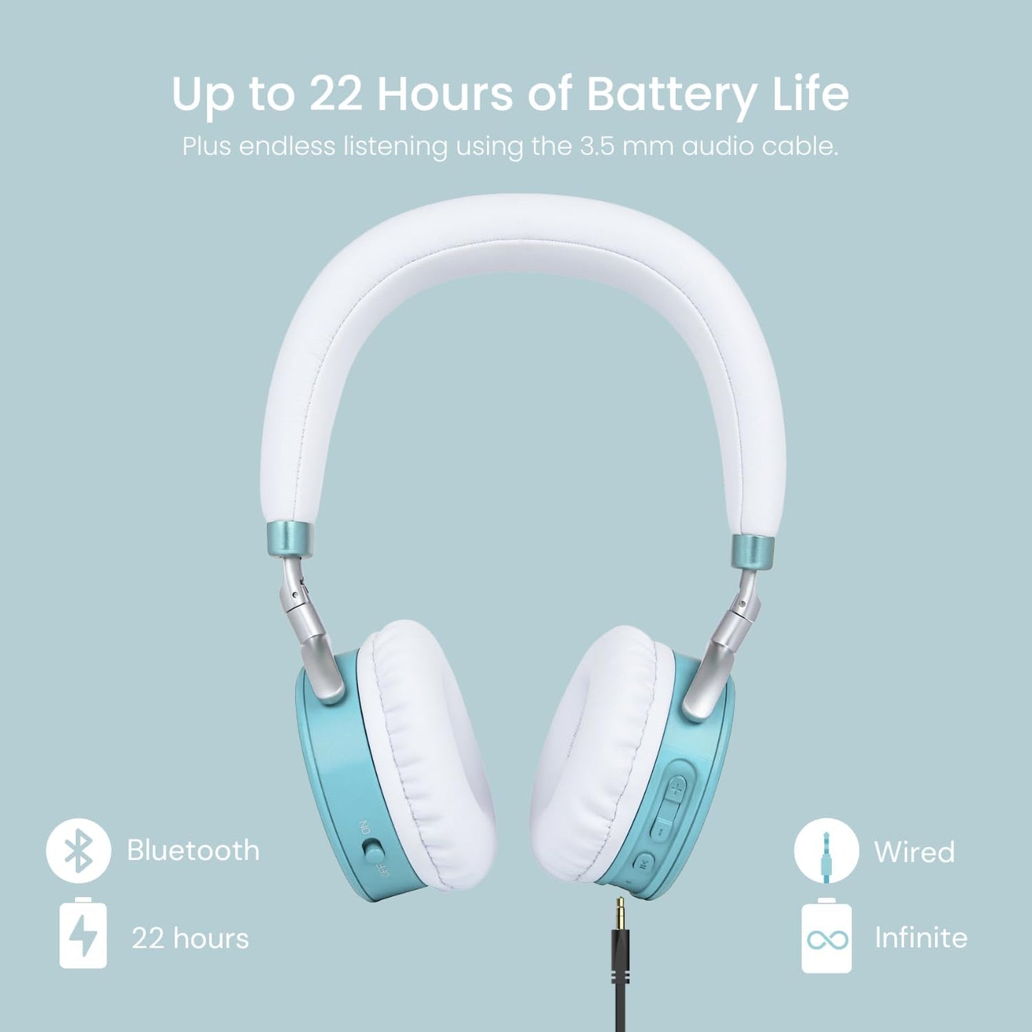 JuniorJam Plus Volume Limiting Headphones for Kids, Foldable & Adjustable Bluetooth Headphones, 22-Hour Battery Life USB-C Charging (Black)