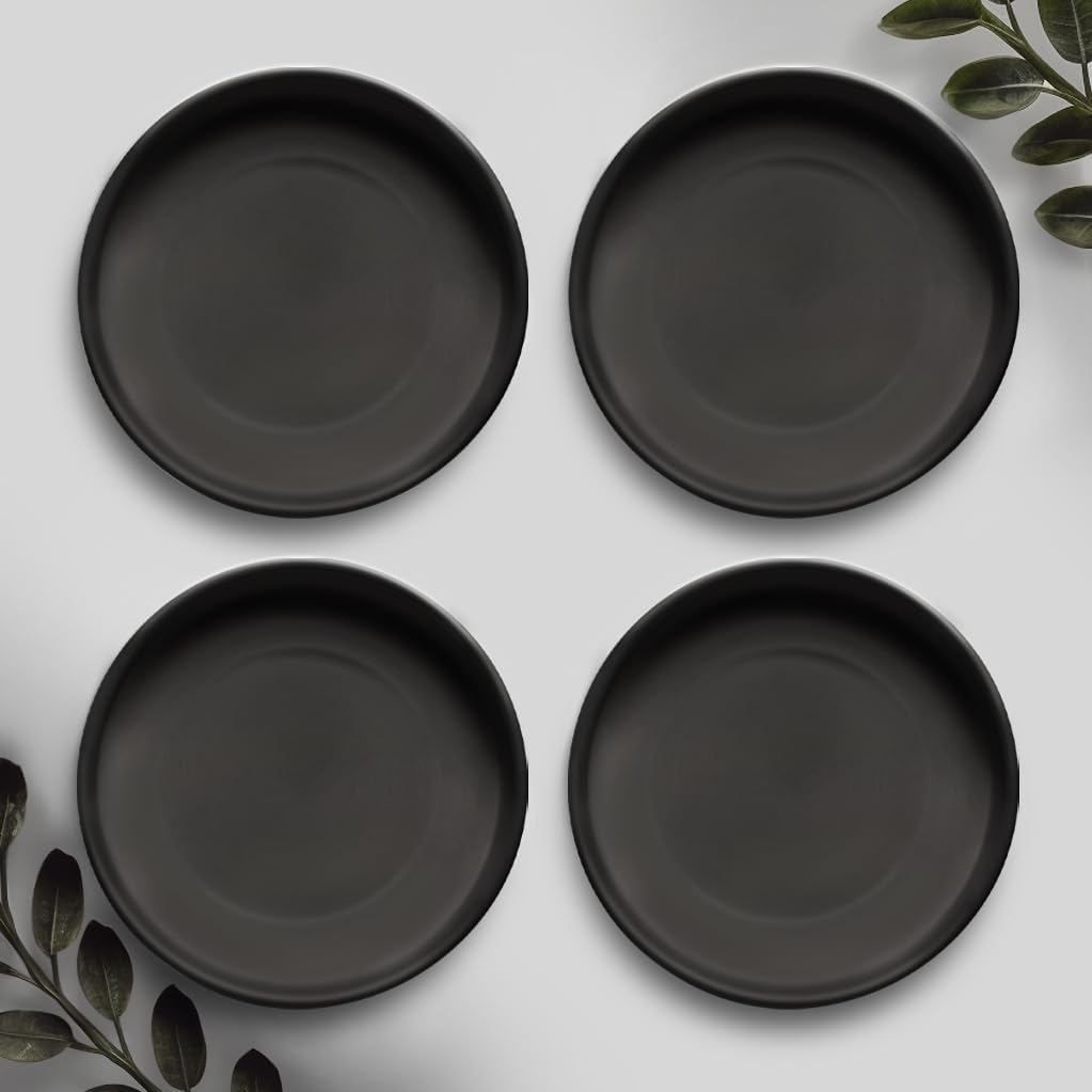 Heavy Duty Ceramic Black Plant Saucer - with Silicone Feet for Added Surface Protection - Scratch-Resistant Plant Drip Trays for Pots 8.3" at the Base or Less, Plant Plate, 7-8 Inch Plant Saucer